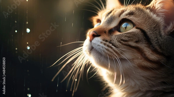 Fototapeta Close up of beautiful curious cat face from side looking at falling water drops