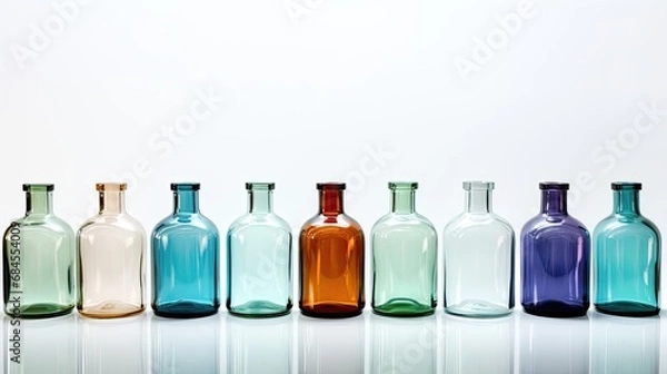 Fototapeta Round glass bottles placed on a table white background