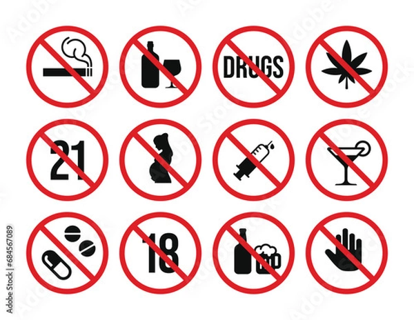 Fototapeta Prohibition drugs and alcohol symbol set vector. No drugs and alcohol sign symbol set vector
