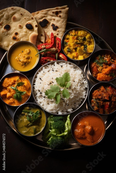 Obraz Typical Indian dish Thali. Vegetarian dishes on one large round plate.