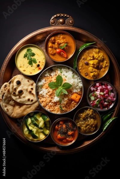 Obraz Typical Indian dish Thali. Vegetarian dishes on one large round plate.