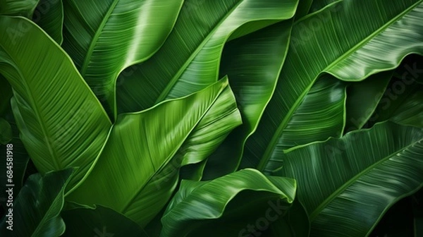 Fototapeta Background: lush green banana leaves in a tropical jungle. lush tropical forest, against the abstract pattern of light and shadow, natural background, seamless banner offers copy space