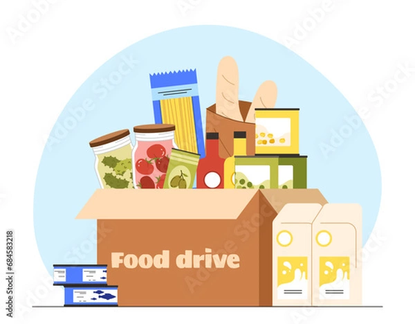 Obraz Food drive charity concept. Box with natural and organic products. Online shopping and fast delivery, transportation. Charitable donaton of eating. Care and support. Cartoon flat vector illustration