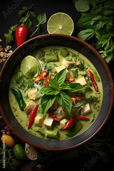 Obraz Green curry food in ceramic bowl, fusion of Thai- and Indian-style curries
