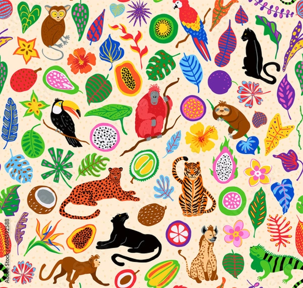 Fototapeta jungle animals plants fruits leaves seamless pattern, vector illustration