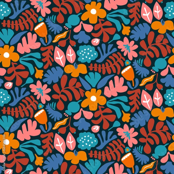 Fototapeta Abstract artsy peper cut style blooms and foliage leaves twigs branches, groovy meadow greenery weeds, seamless pattern  design in retro color  palette, vector illustration repeat print