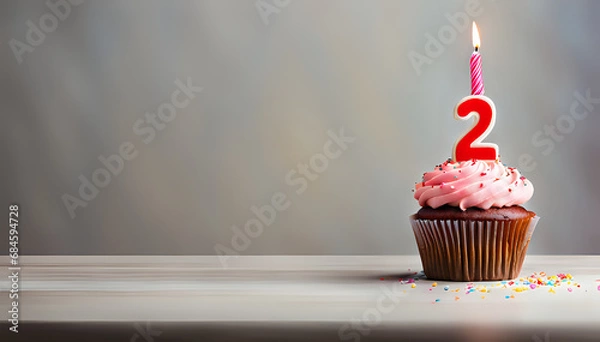 Obraz Birthday cupcake with lit birthday candle Number two for two years or second anniversary