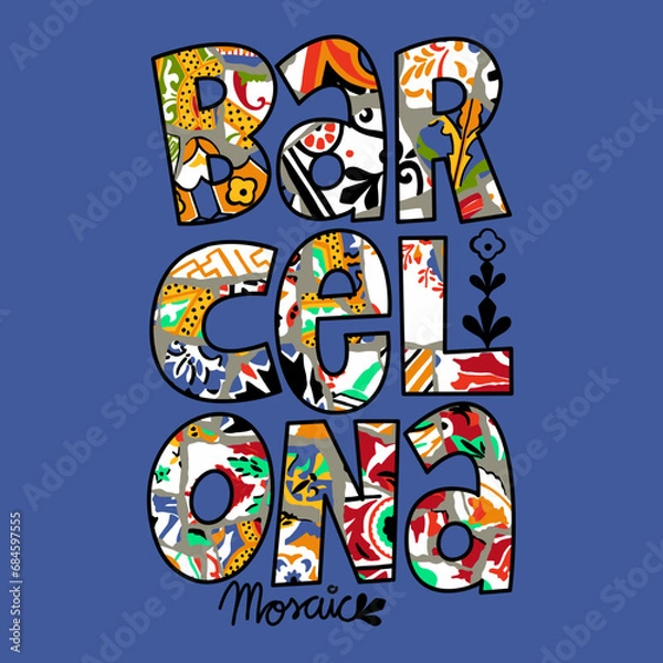Obraz Illustration of the word Barcelona made in modernist mosaic, souvenir of Barcelona. Print layout