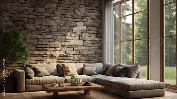Fototapeta Corner sofa against the window in a room with stone cladding walls 