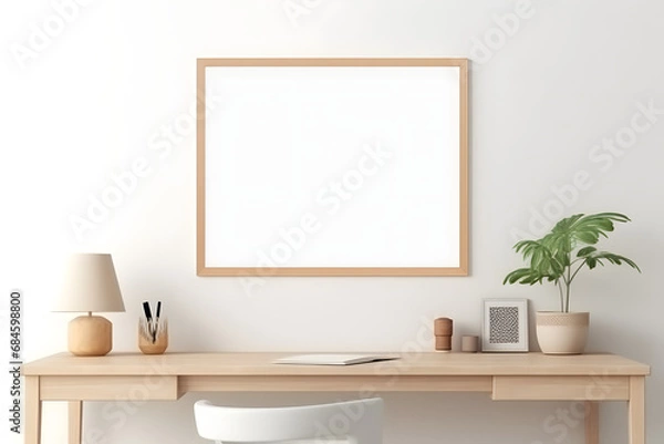 Fototapeta Minimal and comfort home working space interior with wooden furniture, copy space for montage on wooden table and blank frame on white wall. 3d rendering. Generative Ai.