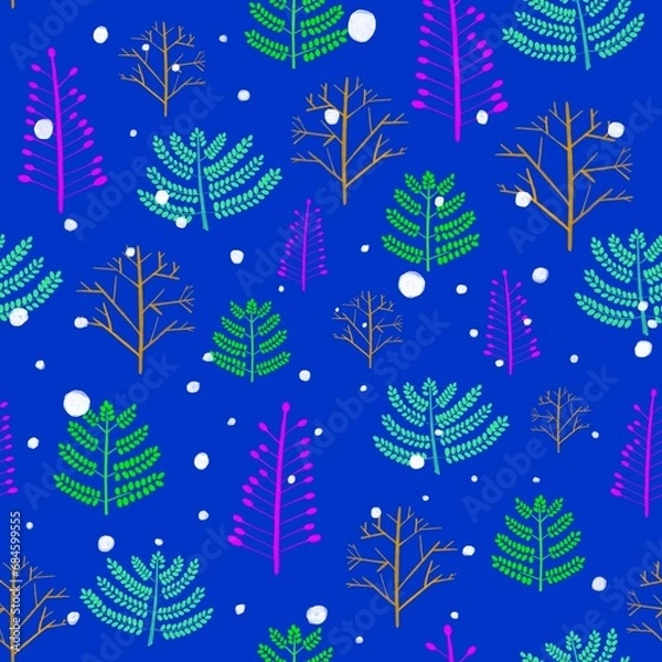 Obraz Small bright Winter trees on blue background. Raster seamless pattern