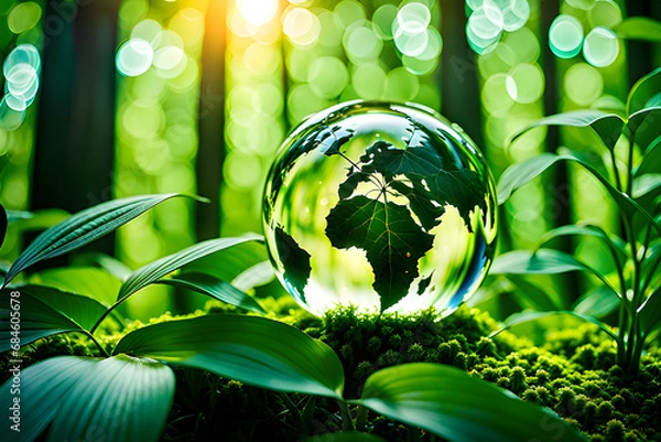 Fototapeta Glass globe in green forest Technology Environment, society, and governance for sustainable business on green company Concept. Generative AI