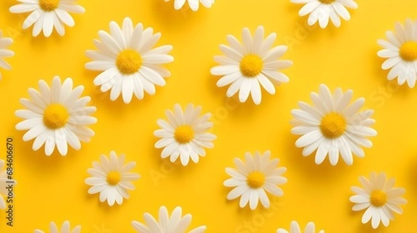 Fototapeta White and yellow flowers minimal flat lay pattern background.