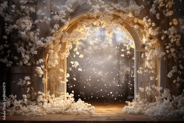 Fototapeta wedding backdrop, maternity backdrop, floral arch, digital backdrop in a cozy, boho, sparkle, rustic contemporary palace room, short exposure, focal blur, bokeh, flare, shimmering lights, 