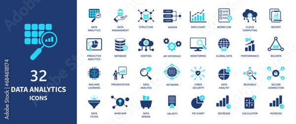 Fototapeta Data analytics icons collection. 32 designs of data analytics icon. Solid icon elements.