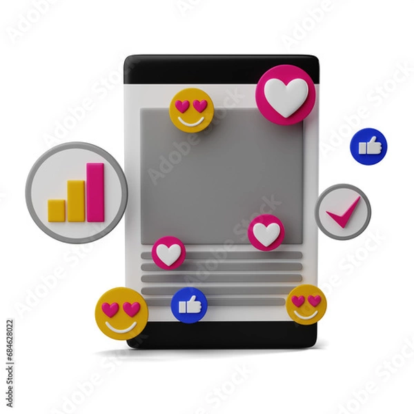 Fototapeta 3D Social Media Engagement, Marketing and Analytics Concept with Emojis and Icons on Transparent Bаckground