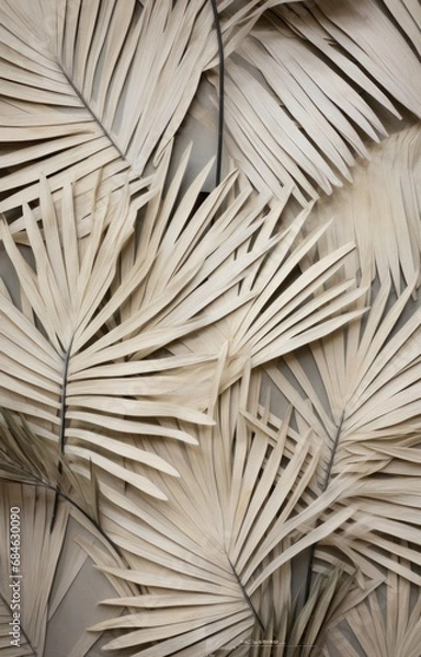 Fototapeta palm leaves and stems on a wall, with a grey ground,