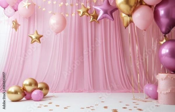 Obraz pink and gold balloons, straw straws and hearts
