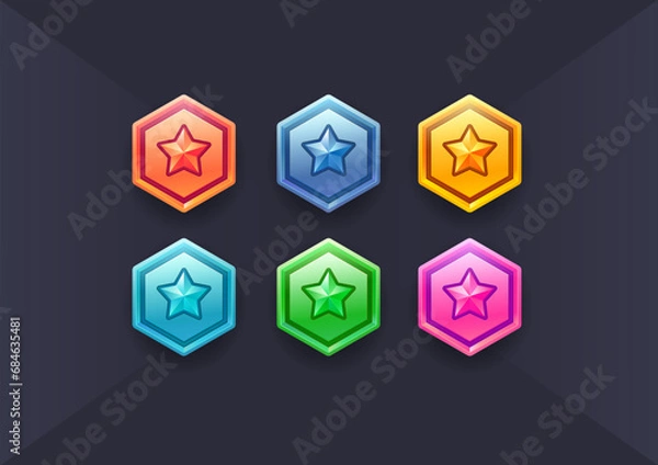 Obraz Vector set of games star icon. Military shield badges, game rank insignia. Vector game icons, revard signs, stars, chevron for used in mobile or web game