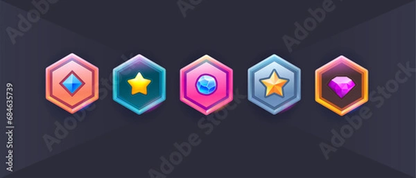Fototapeta Vector set of games star icon. Military shield badges, game rank insignia. Vector game icons, revard signs, stars, chevron for used in mobile or web game