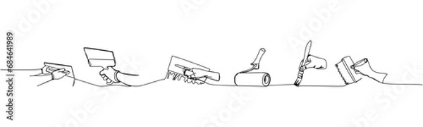 Obraz Set of paint roller and brushes, plaster spatula, repair tools one line art. Continuous line drawing of repair, professional, service, concept, support, maintenance, work, technician.