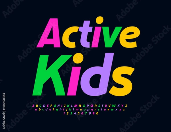 Fototapeta Vector bright sign Active Kids. Creative Colorful Font. Modern Alphabet Letters and Numbers