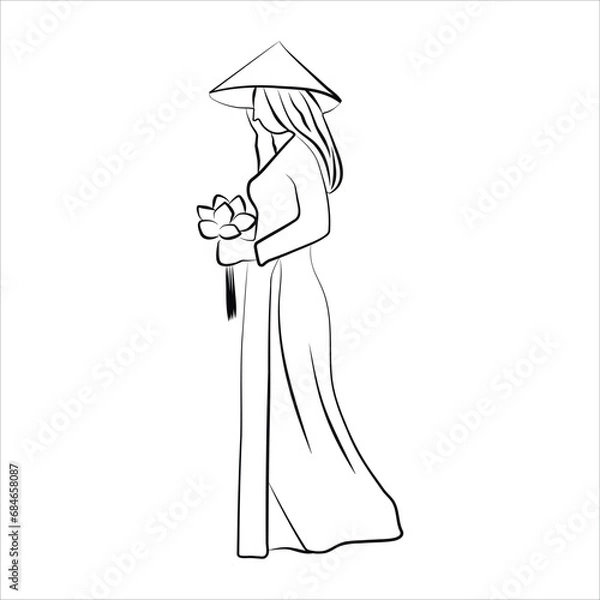 Obraz Vector illustration modern Vietnamese women wearing traditional costumes Ao Dai. Hand drawn style Fashion Luxury Glamor Elegant Woman sketch. Fashion girl in sketch-style. Vector illustrations.
