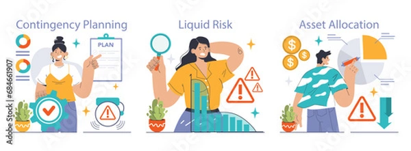 Fototapeta Risk Management set. Strategies for contingency planning, liquid risk assessment, and asset allocation. Addressing financial uncertainties and solutions. Flat vector illustration