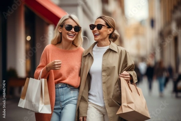 Fototapeta Two Friends Enjoy a Shopping Spree in Autumn