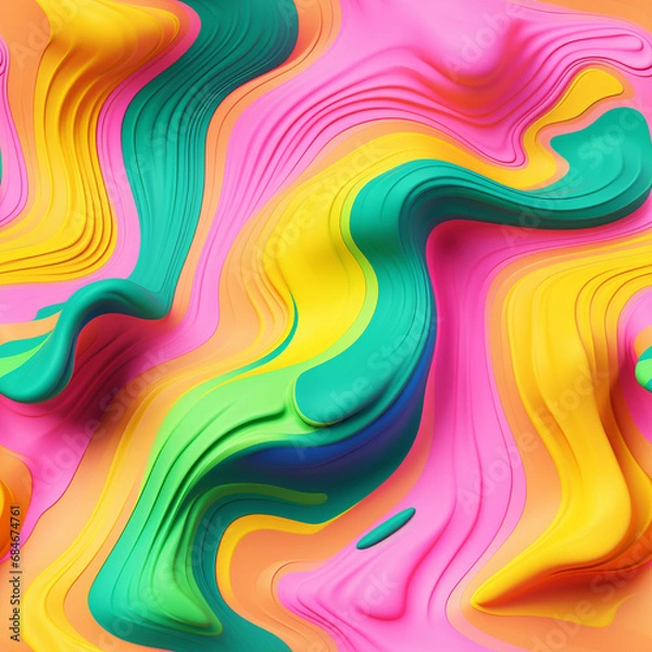 Fototapeta Seamless wave pattern with 3d effect pink, green, yellow