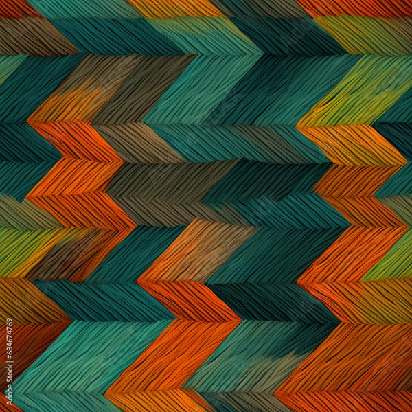 Fototapeta Seamless pattern of zigzags golden, orange, green stroke effect
