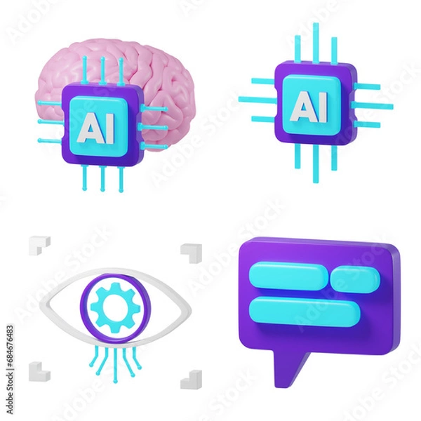 Fototapeta AI Integration Icons Set - AI Brain Chip, Processing Unit, Vision, and Chatbot