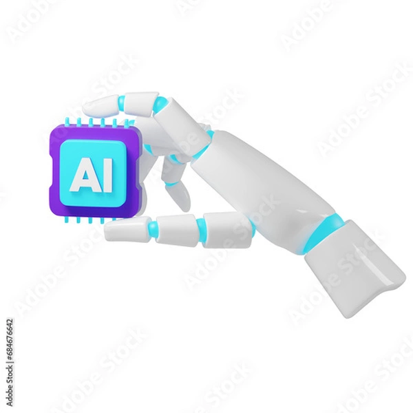 Fototapeta Robotic Hand Holding an AI Chip - Symbolizing Technological Integration. Artificial Intelligence. Hand hold AI Сhip