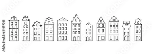 Fototapeta Set of Dutch linear house isolated on white background.Amsterdam.Vector stock illustration.	
