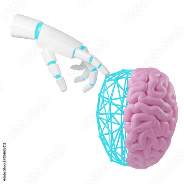 Fototapeta  Robotic Hand Interacting with Dual Brain Concept - AI Intelligence and Connectivity. Artificial Hand touching two brains.