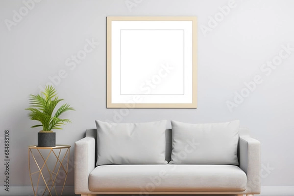 Obraz Mock up of minimalist living room interior in modern style. Beige, grey and pastel colors. Empty square frame on wall, copy space for text. 3D render. Generative AI