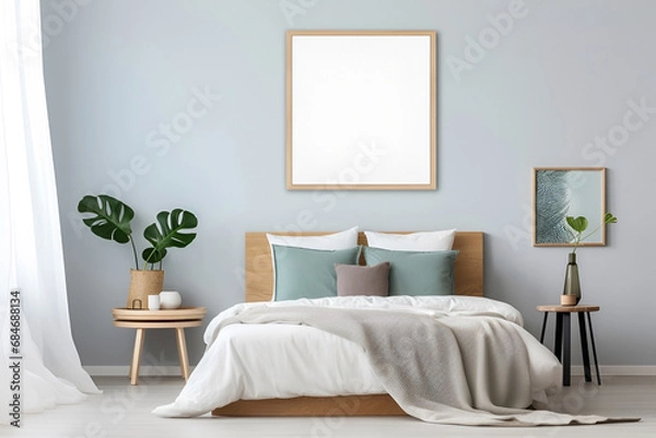 Obraz Mock up of bedroom interior in Scandinavian, eco style. Beige, blue and pastel colors. Empty square frame on wall, copy space for text. 3D render. Generative AI