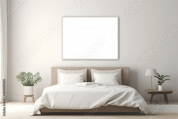 Obraz Mock up of bedroom interior in Scandinavian, eco style. Beige and pastel colors. Empty square frame on wall, copy space for text. 3D render. Generative AI
