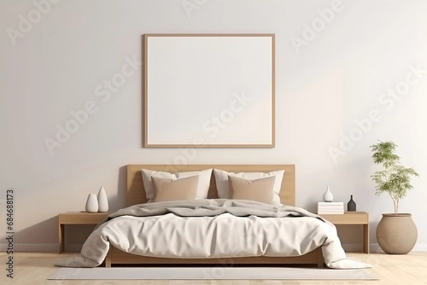 Fototapeta Mock up of bedroom interior in Scandinavian, eco style. Beige and pastel colors. Empty square frame on wall, copy space for text. 3D render. Generative AI
