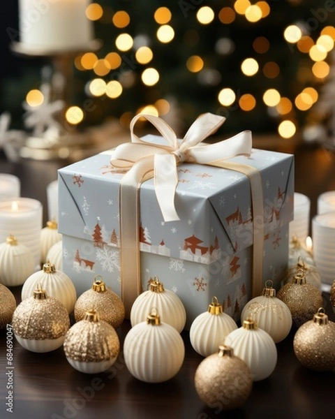 Obraz Christmas background. Festive decoration on bokeh background.