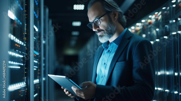 Fototapeta Mężczyzna z tabletem na tle serwerowni, dział IT, cyberbezpieczeńśtwo