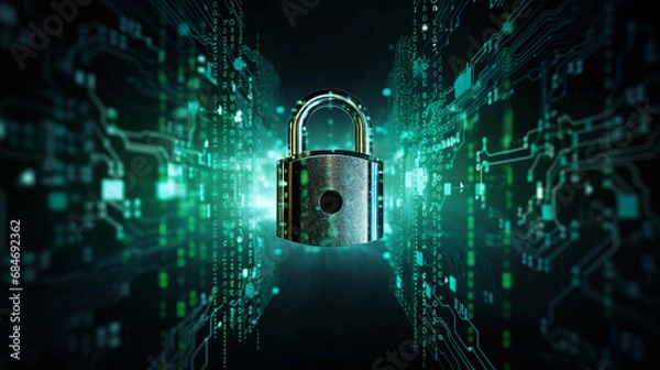 Fototapeta Tło z kłódką związaną z cyberbezpieczeństwem, na technologicznym tle, IT