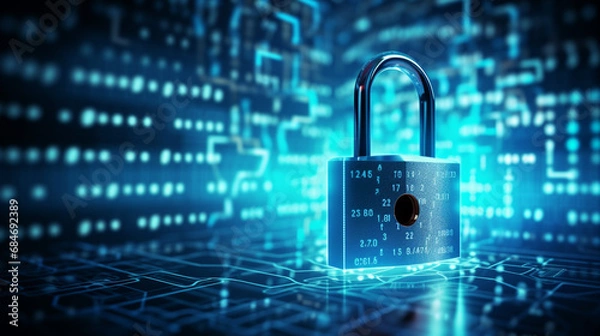 Fototapeta Tło z kłódką związaną z cyberbezpieczeństwem, na technologicznym tle, IT