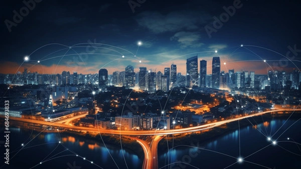 Obraz Miasto z lotu ptaka połączone z z cyfryzacją