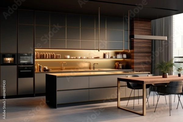 Fototapeta Modern and contemporary kitchen design with LED and sleek design. Details of interior design, generative ai, render 3d