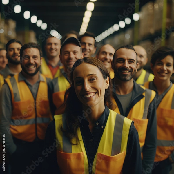 Obraz Smiling female leader with team of warehouse workers in high visibility vests