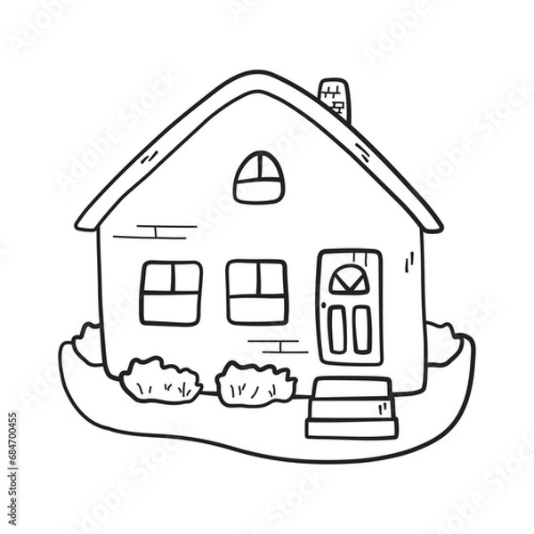 Fototapeta Country house with chimney and garden in doodle and linear drawing style. Coloring book, page for kids. Vector illustration of cute wooden village home