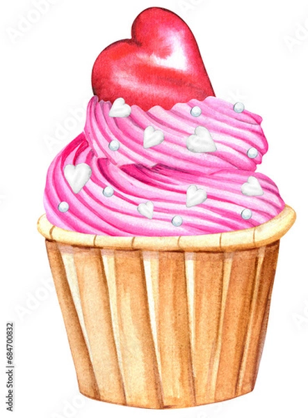 Obraz Valentines Cupcake. St. Valentine's Cupcake. Watercolor Muffin