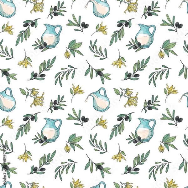 Fototapeta Seamless vector pattern with milk jug, olive branches, ylang-ylang flowers. Botanical ornament