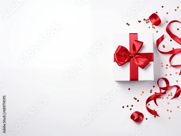 Fototapeta Top view of white gift box with red satin ribbon decorated with bow and confetti on white background